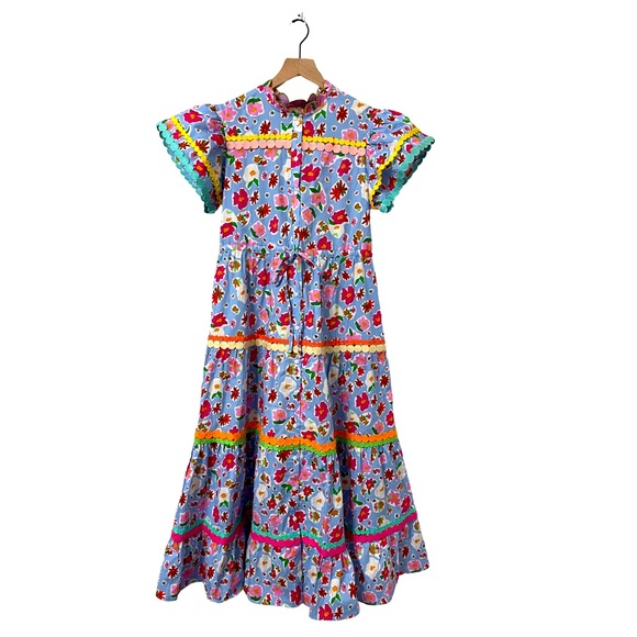 CeliaB Dresses & Skirts - CeliaB Blue Floral Tiered Midi Dress with Multicolor Trim